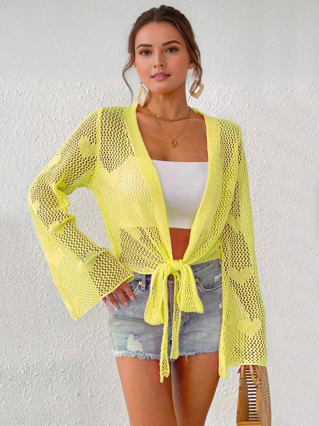 Women's Yellow Heart Pattern Full Sleeves Beach Shrug