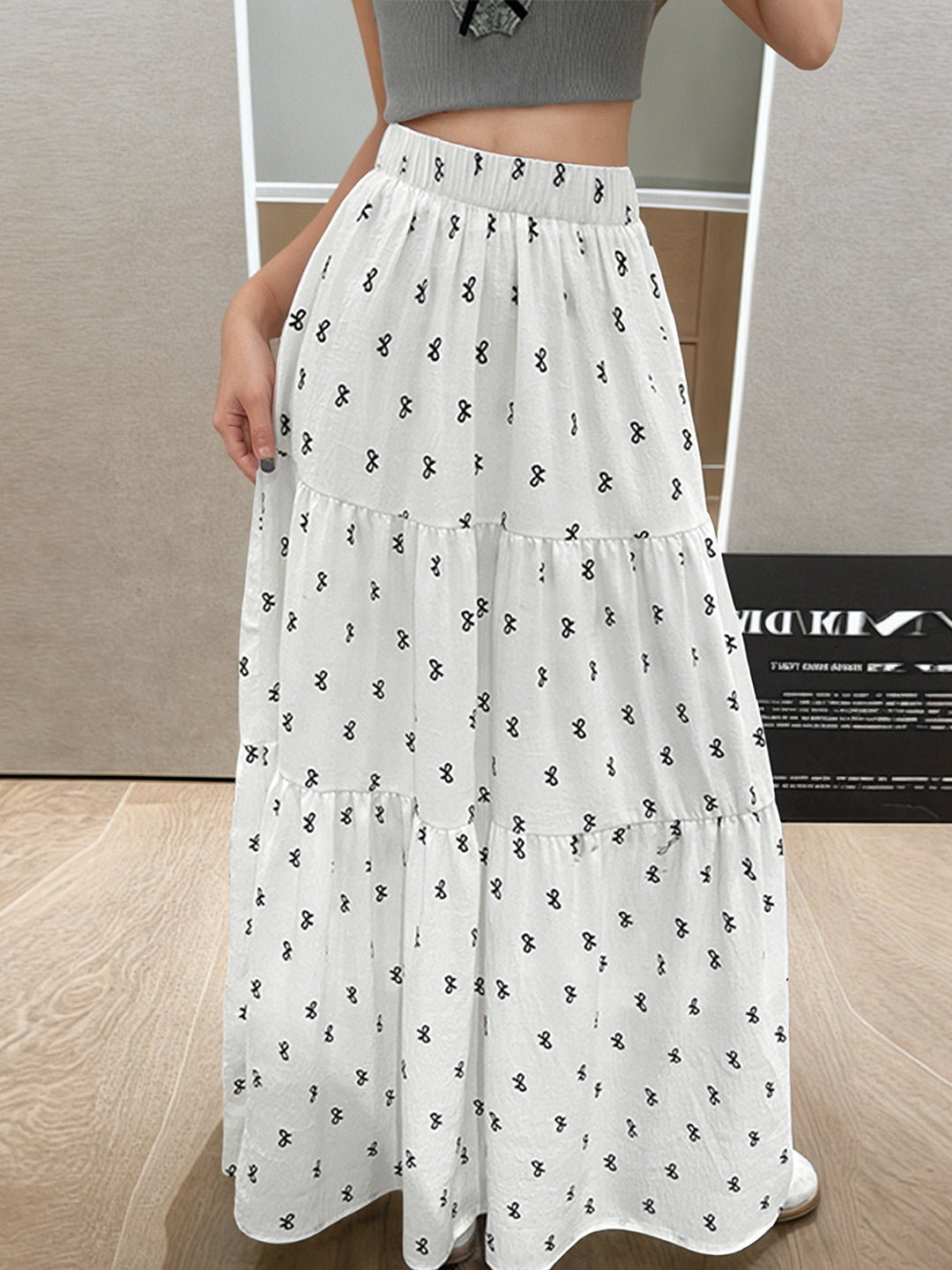 Women's White Bow Printed Panel Long Skirt