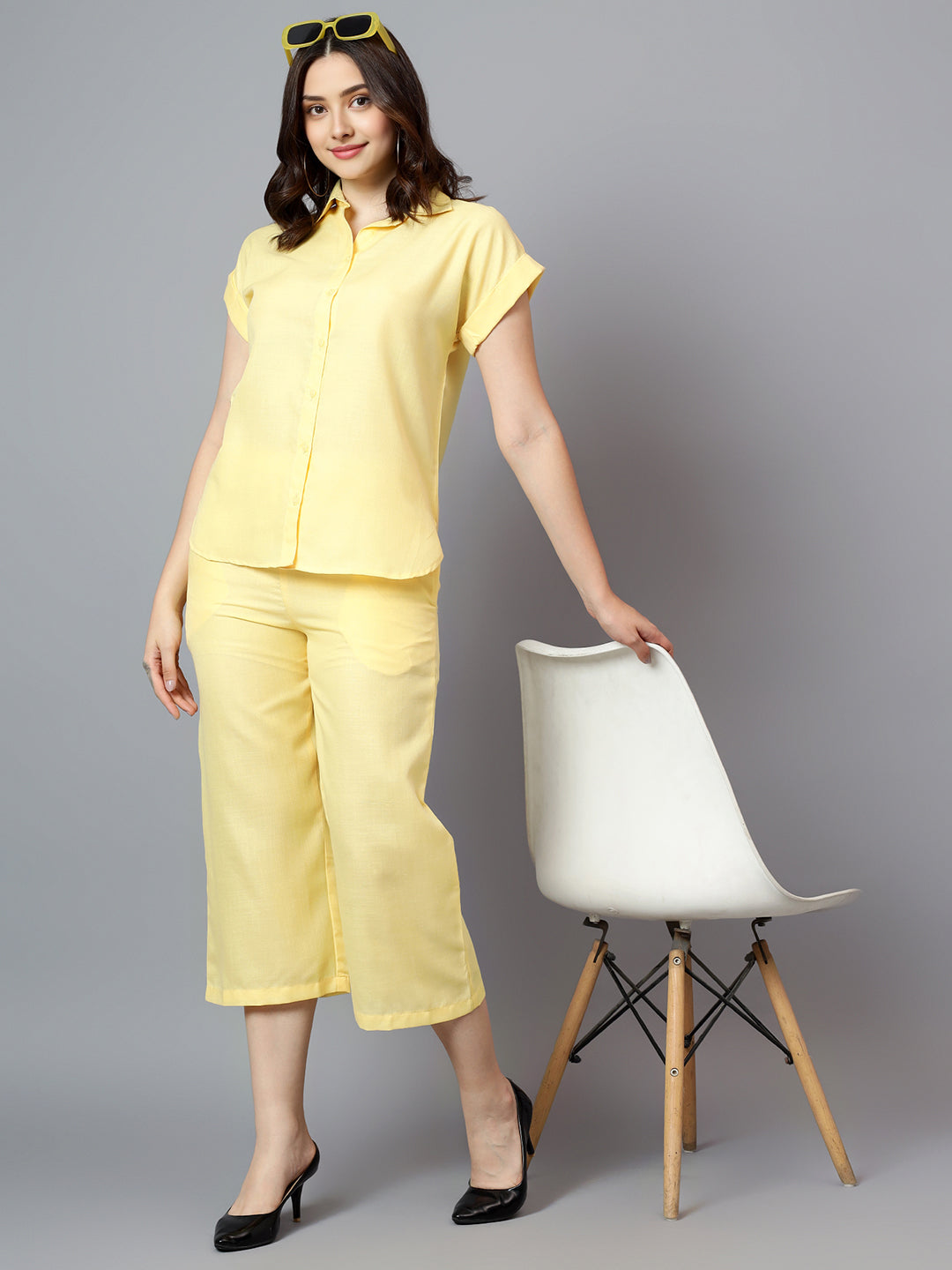 Women's Yellow Linen Short Sleeve Shirt With Capri Co-Ord Set