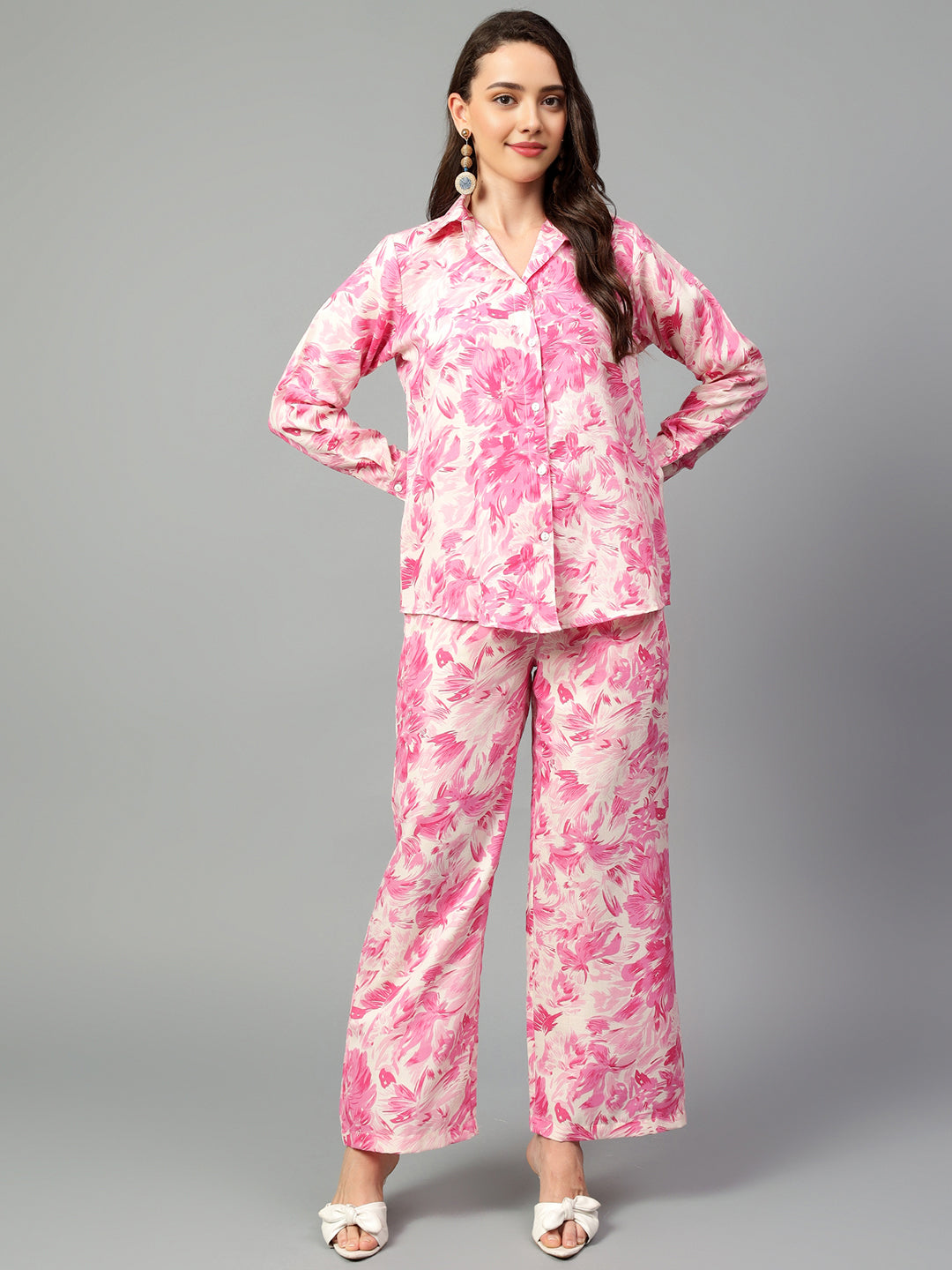 Women's Pink Printed Long Sleeve Shirt With Pants Set