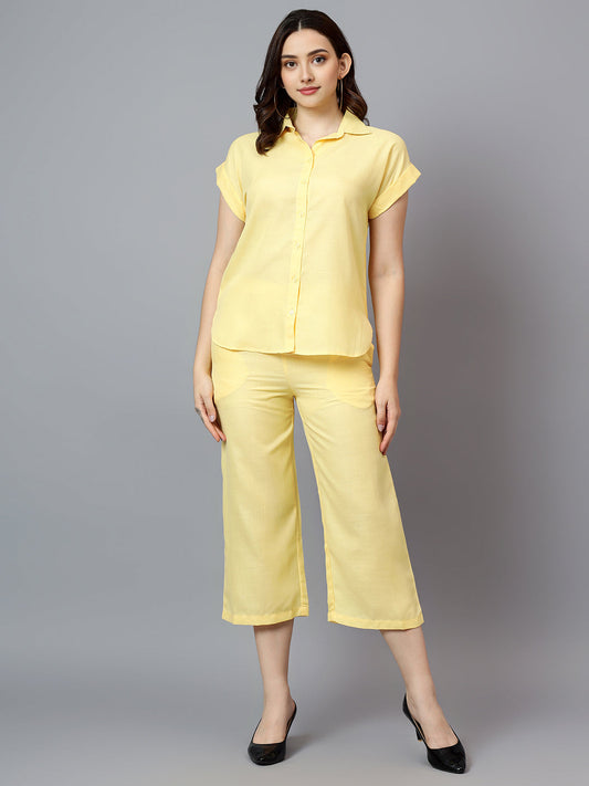 Women's Yellow Linen Short Sleeve Shirt With Capri Co-Ord Set