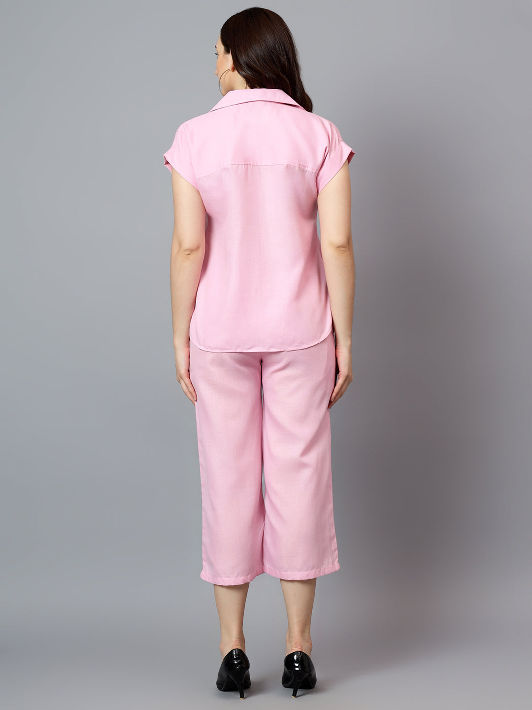 Women's Pink Linen Short Sleeve Shirt With Capri Set
