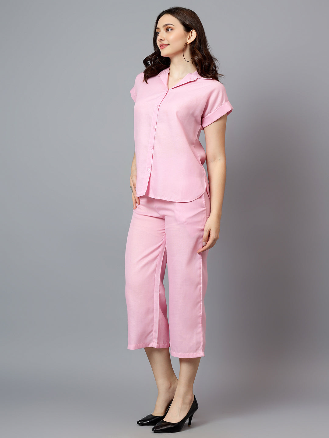 Women's Pink Linen Short Sleeve Shirt With Capri Set