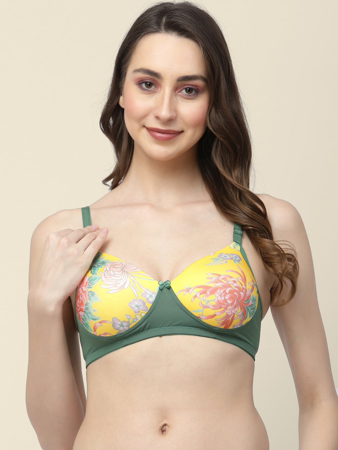 Women's Yellow Floral Printed Lightly Padded Bra