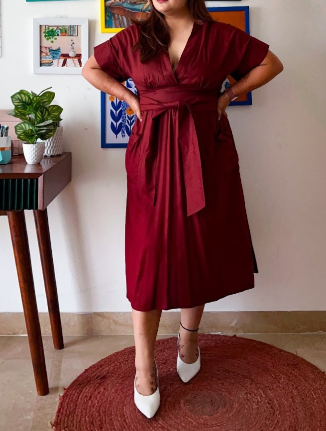 Women's Maroon Kimono Style Self Tie Belt Midi Dress