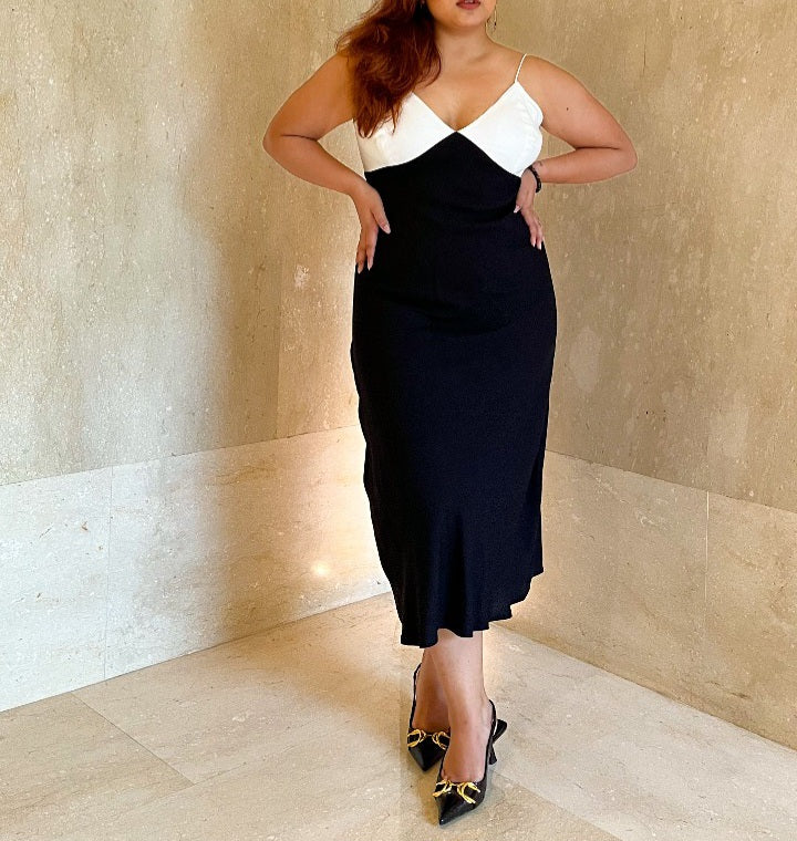 Women's Black Shoulder Straps Back Cut Out Two Tone Midi Dress