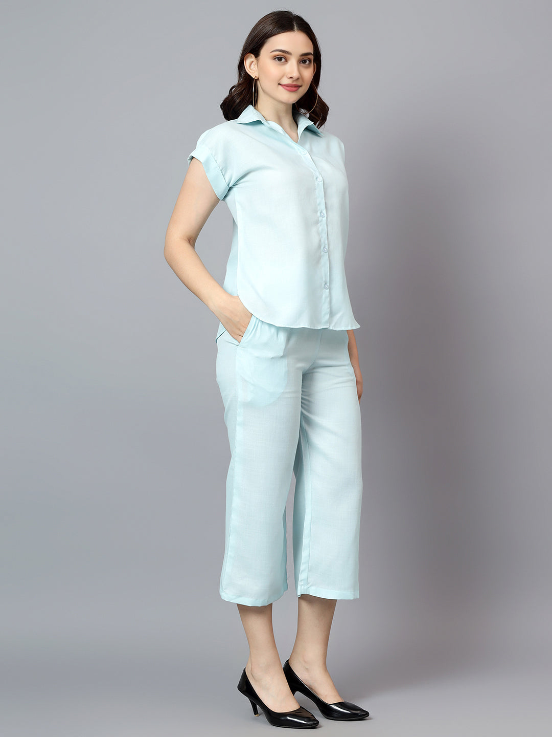 Women's Blue Short Sleeves Shirt with Pants Co-Ord Set