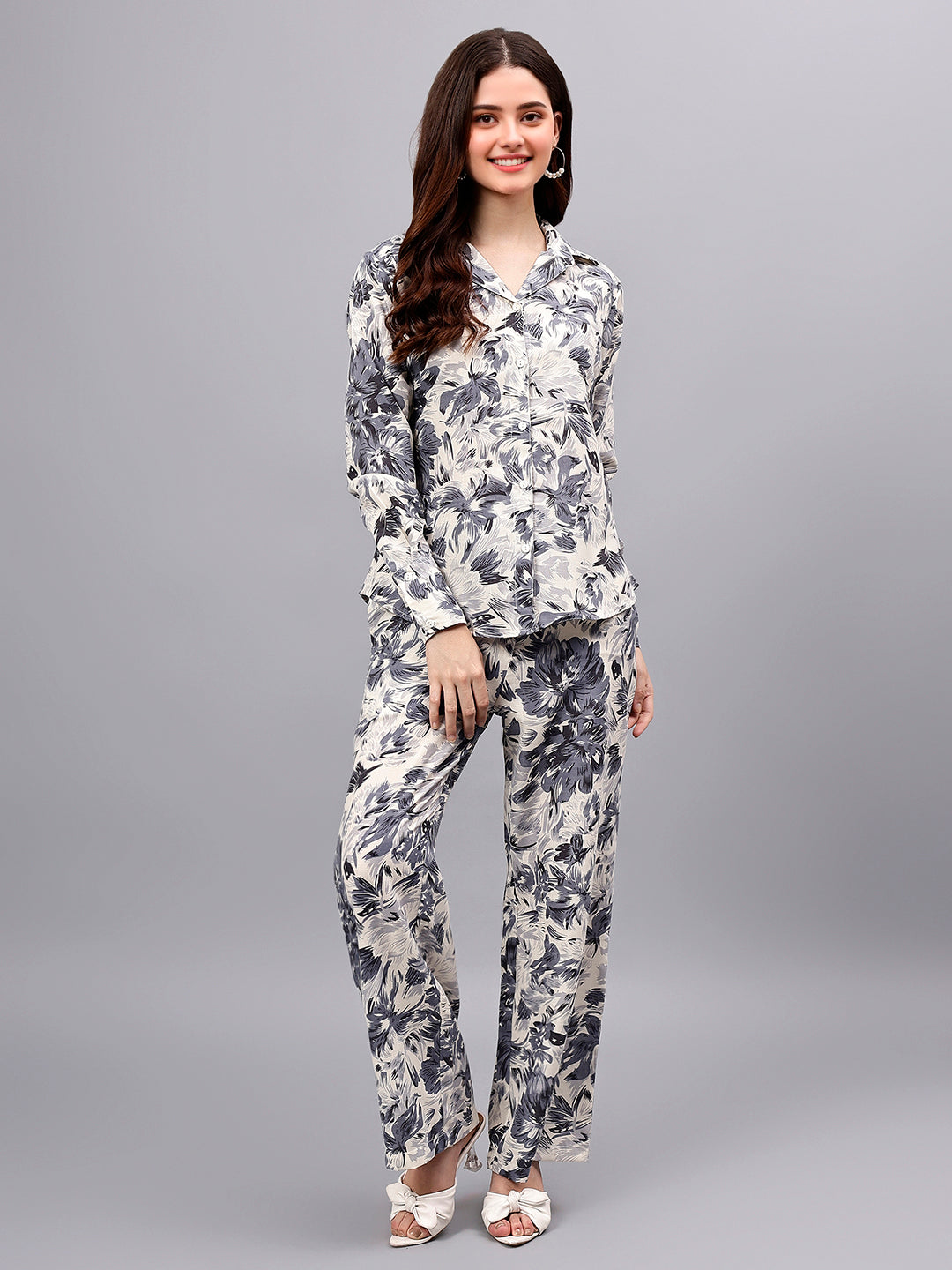 Women's White Printed Full Sleeves Shirt with Pants Co-Ord Set