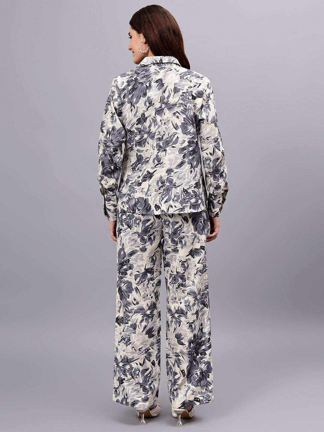 Women's White Printed Full Sleeves Shirt with Pants Co-Ord Set