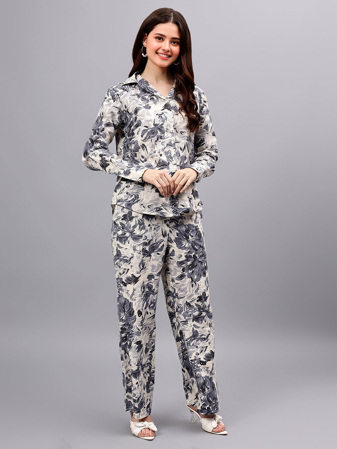 Women's White Printed Full Sleeves Shirt with Pants Co-Ord Set