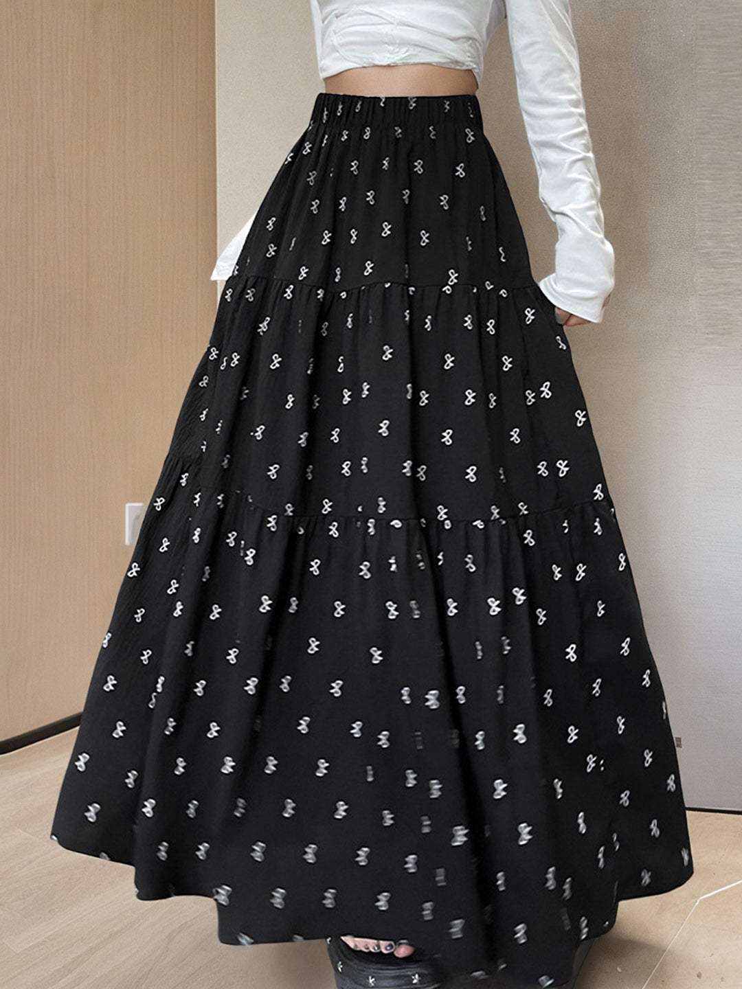 Women's Black Bow Printed Panel Long Skirt