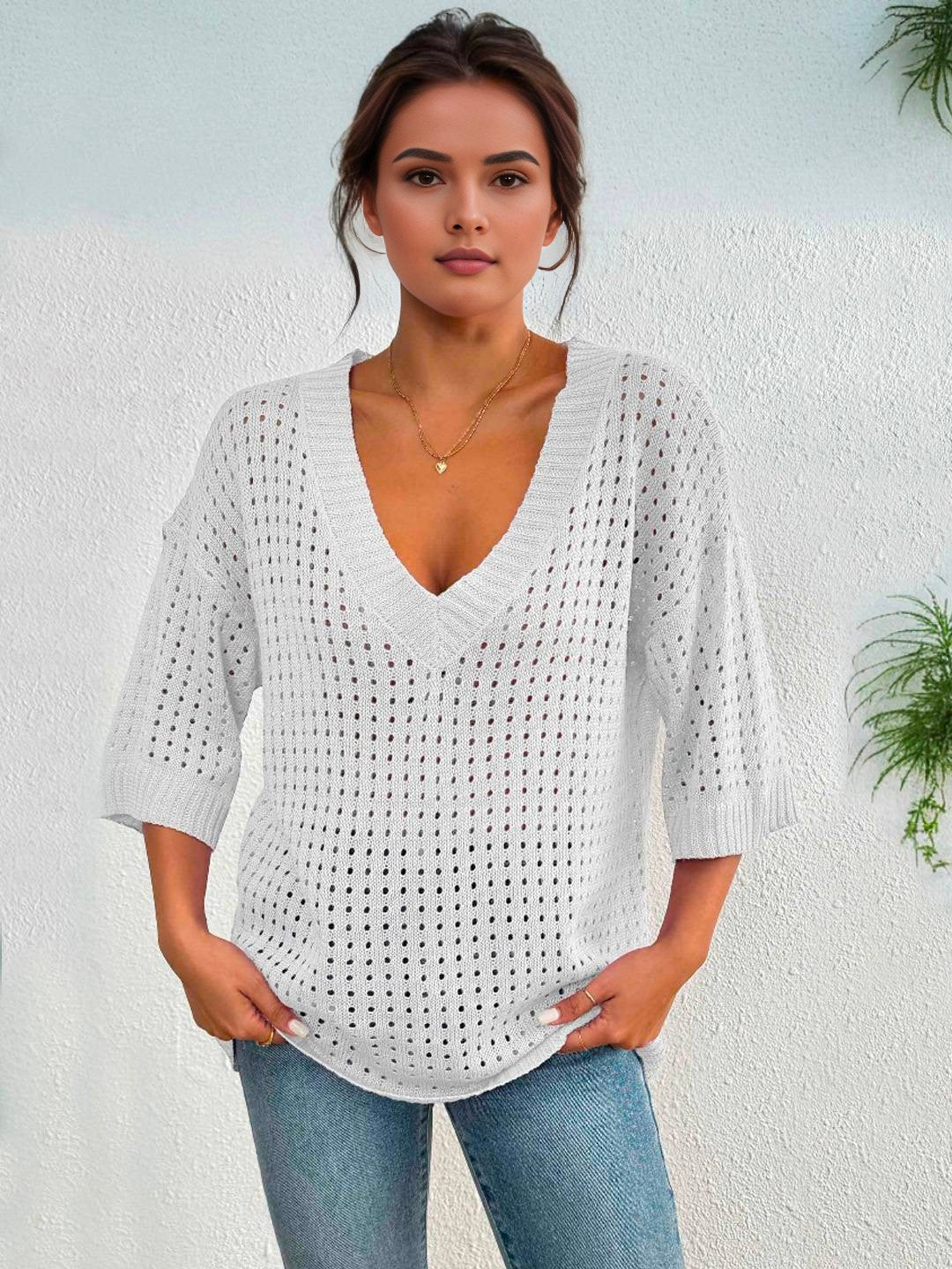 Women's White Oversized Drop Shoulder Crochet Top