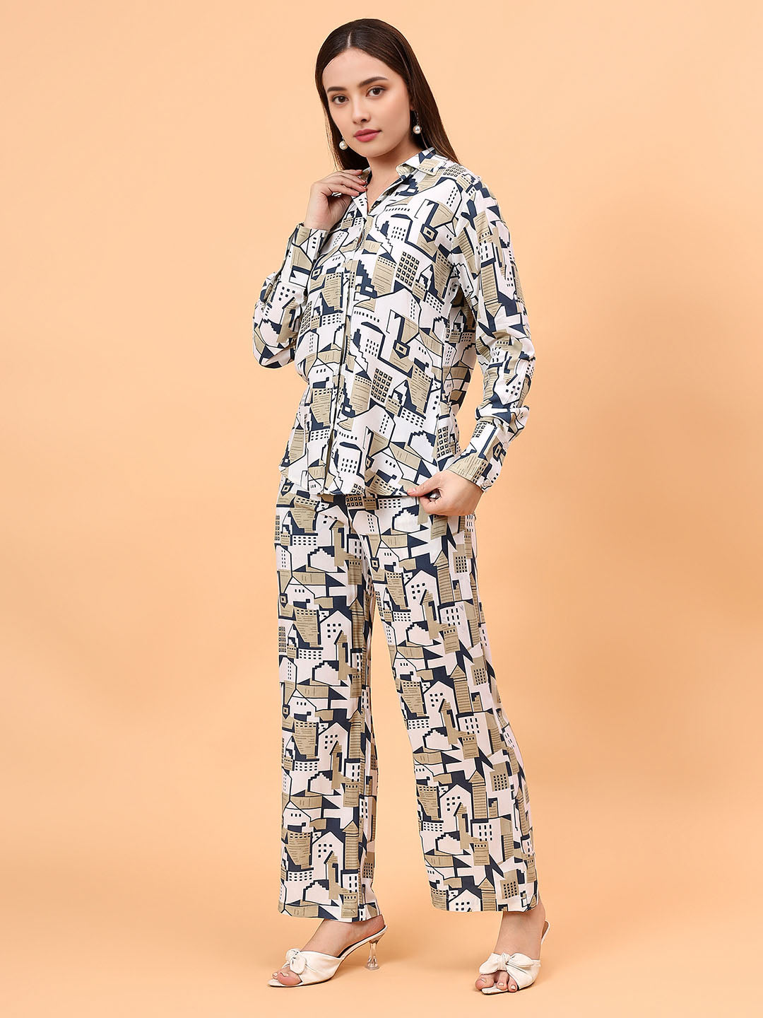 Women's Beige Abstract Print Co-Ord Set