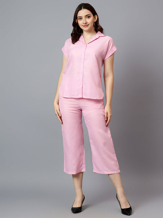 Women's Pink Linen Short Sleeve Shirt With Capri Set