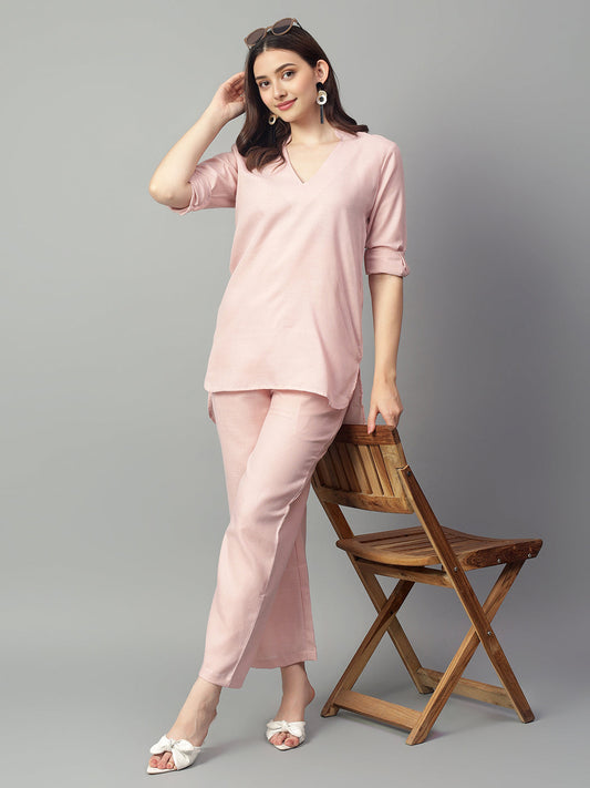 Women's Pink Linen Long Sleeve V-Neck Top With Pants Set