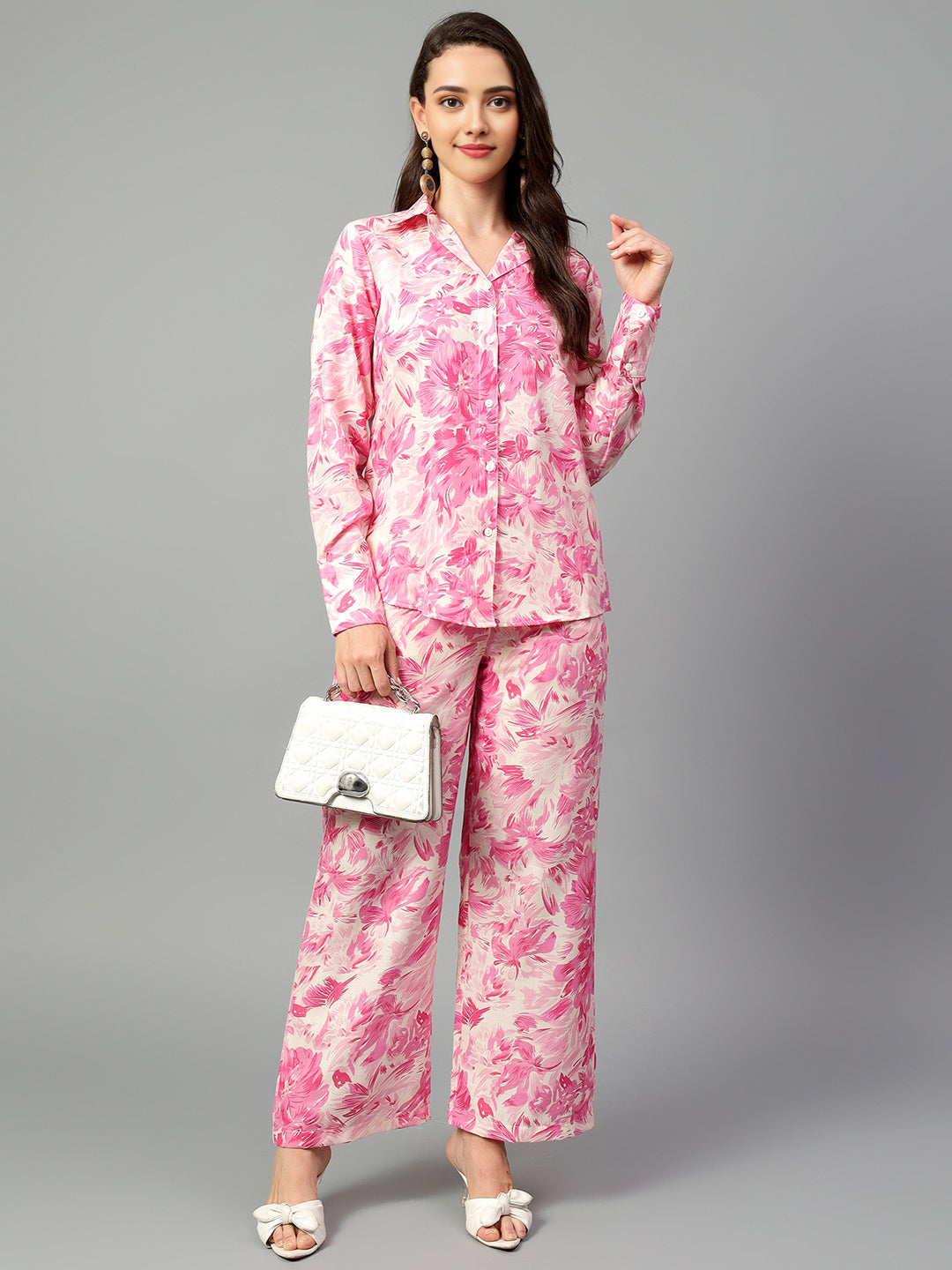Women's Pink Printed Long Sleeve Shirt With Pants Set
