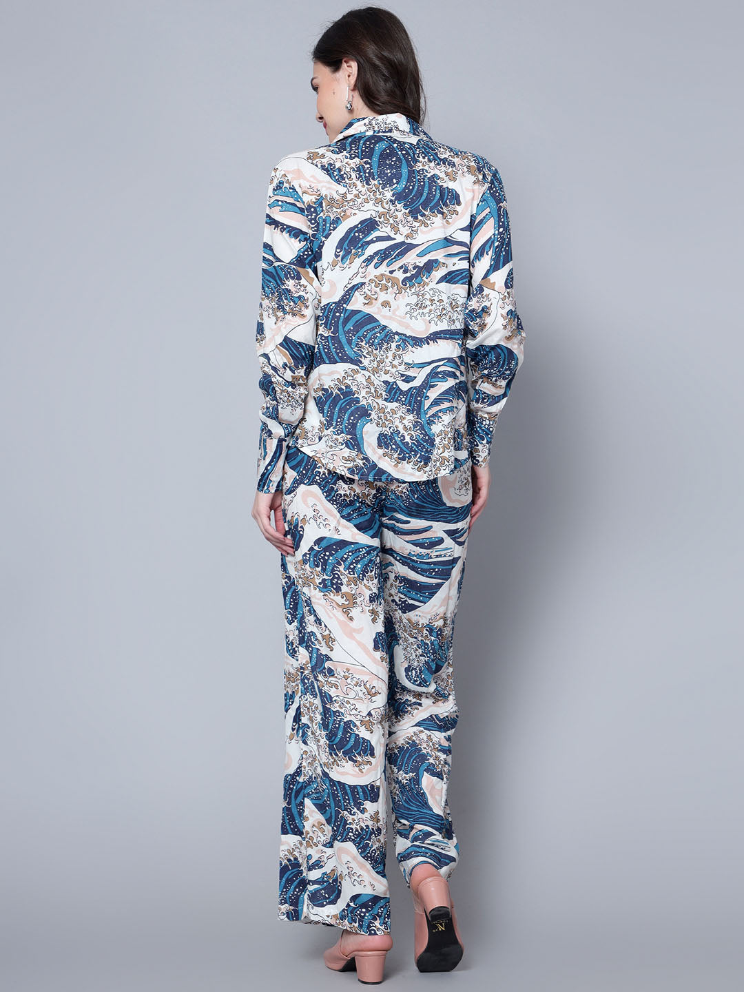 Women's Blue Viscose Rayon Printed Shirt With Pants Set