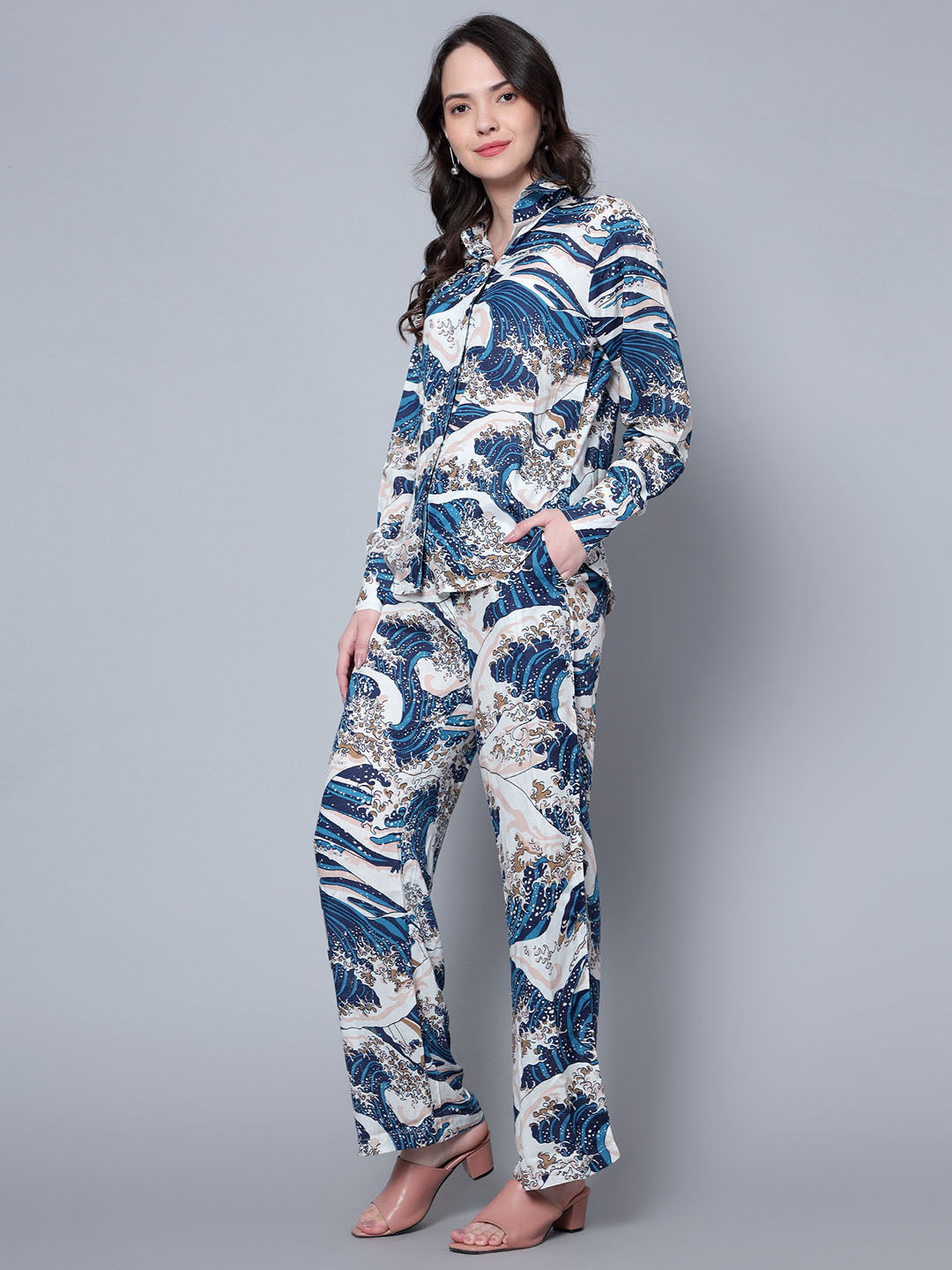 Women's Blue Viscose Rayon Printed Shirt With Pants Set