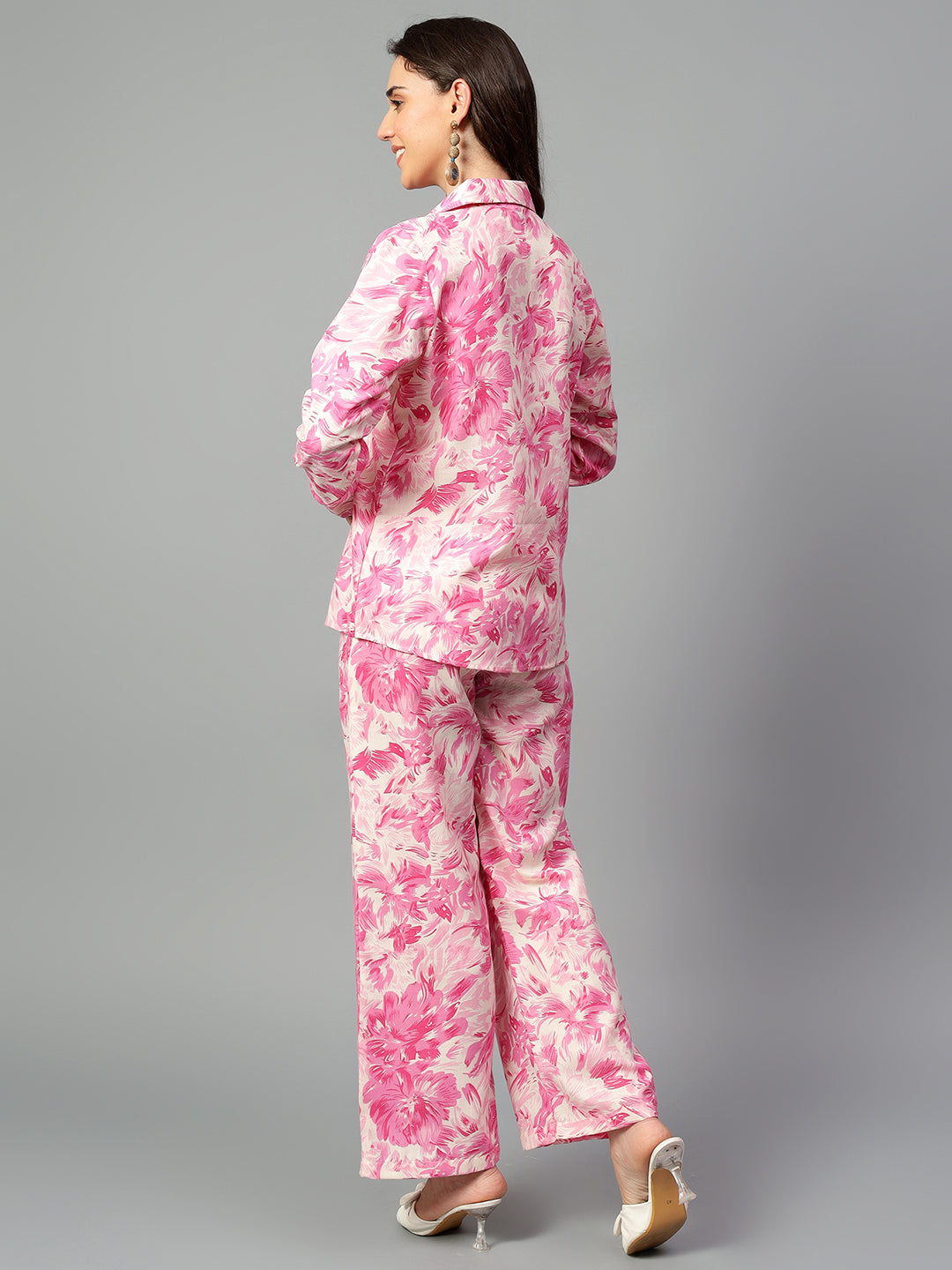 Women's Pink Printed Long Sleeve Shirt With Pants Set