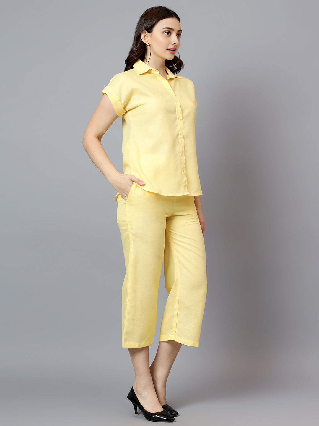 Women's Yellow Linen Short Sleeve Shirt With Capri Co-Ord Set