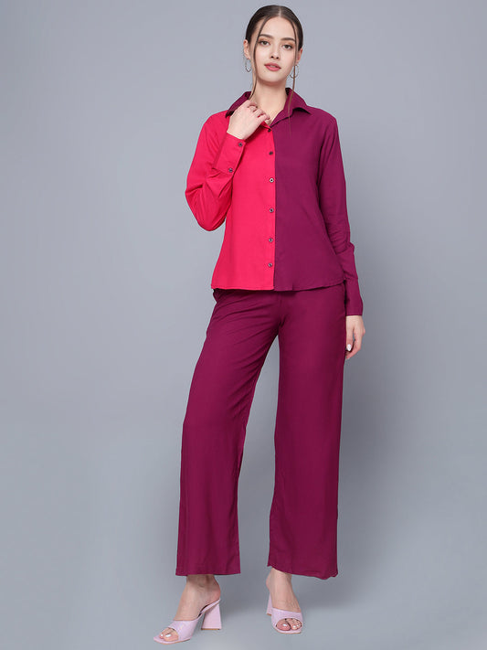 Women's Maroon Rayon Shirt With Pants Co-Ord Set