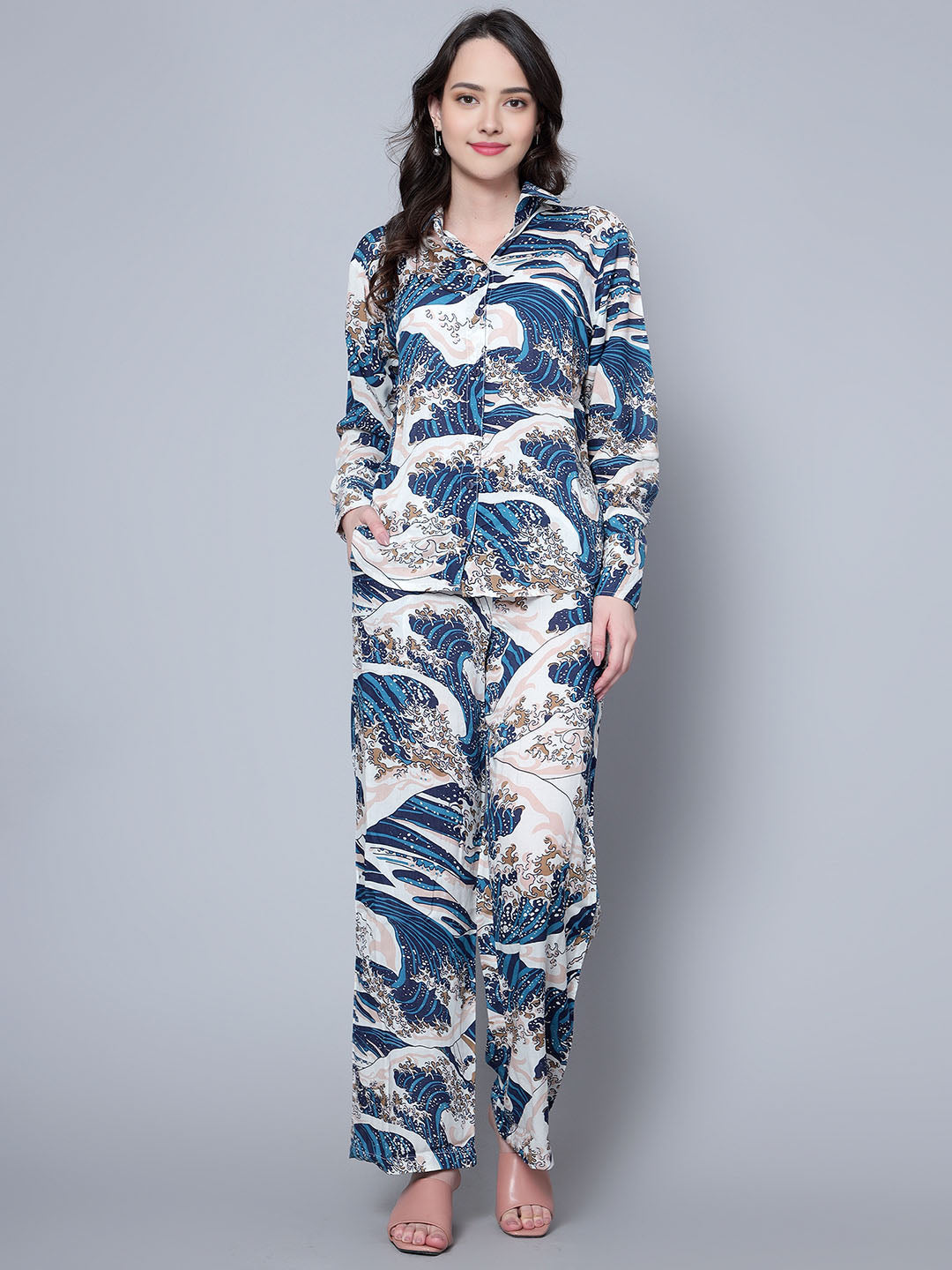 Women's Blue Viscose Rayon Printed Shirt With Pants Set