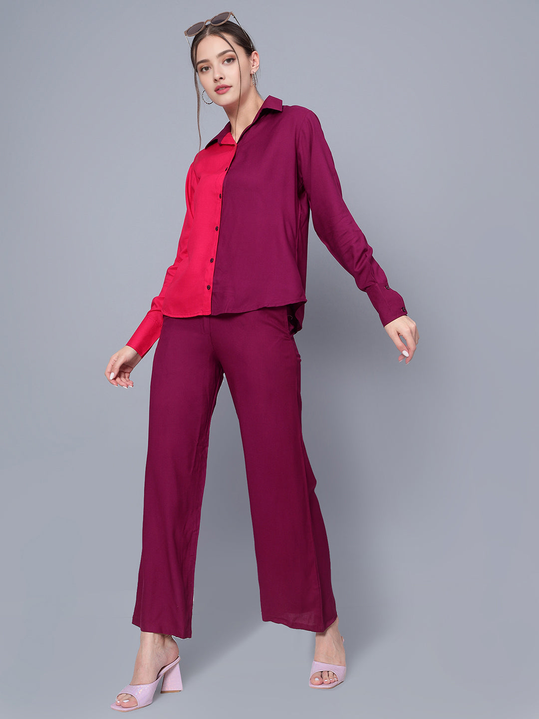 Women's Maroon Rayon Shirt With Pants Co-Ord Set