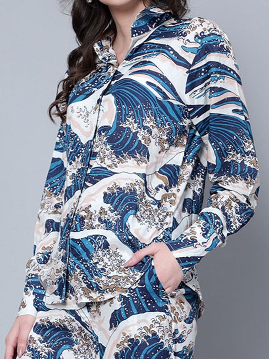 Women's Blue Viscose Rayon Printed Shirt With Pants Set