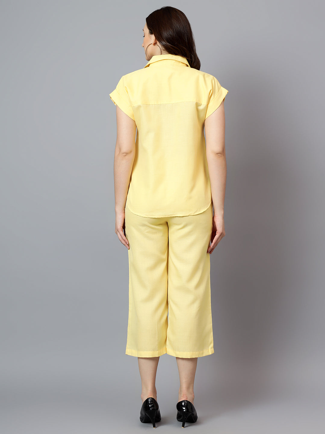 Women's Yellow Linen Short Sleeve Shirt With Capri Co-Ord Set