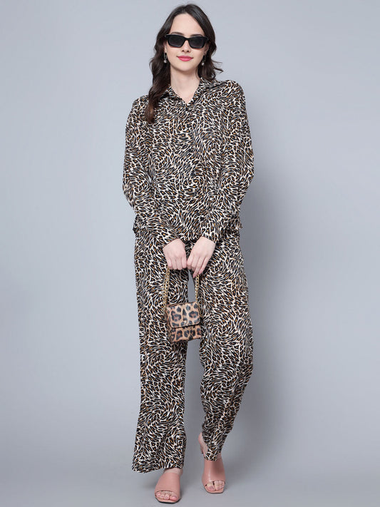 Women's Brown Animal Print Shirt With Pants Co-Ord