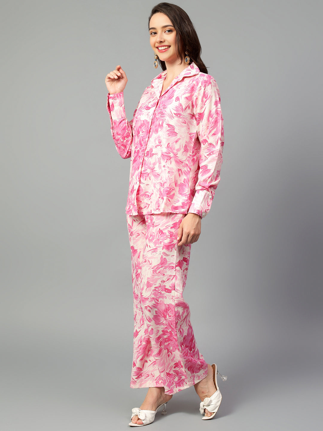Women's Pink Printed Long Sleeve Shirt With Pants Set