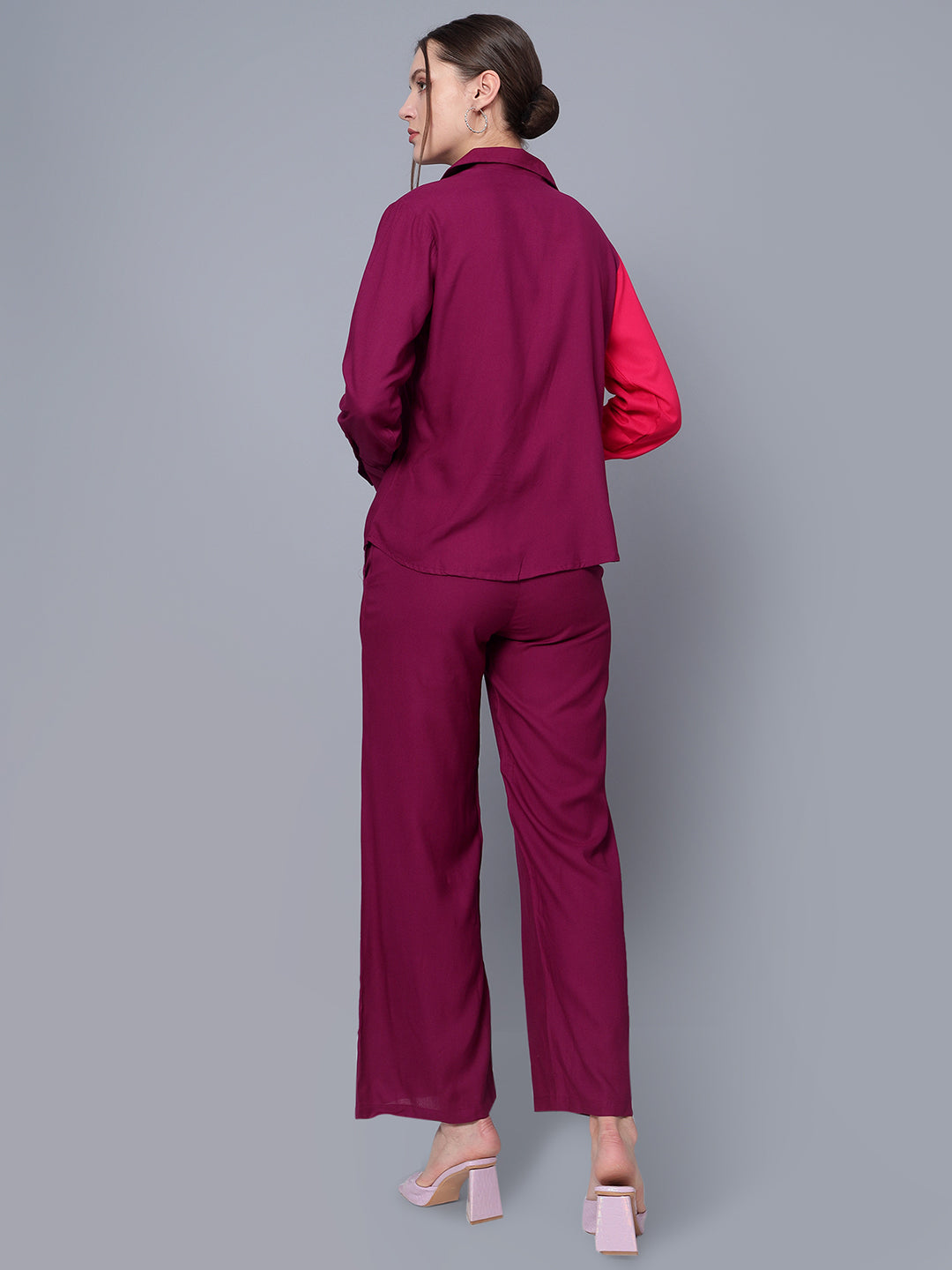 Women's Maroon Rayon Shirt With Pants Co-Ord Set