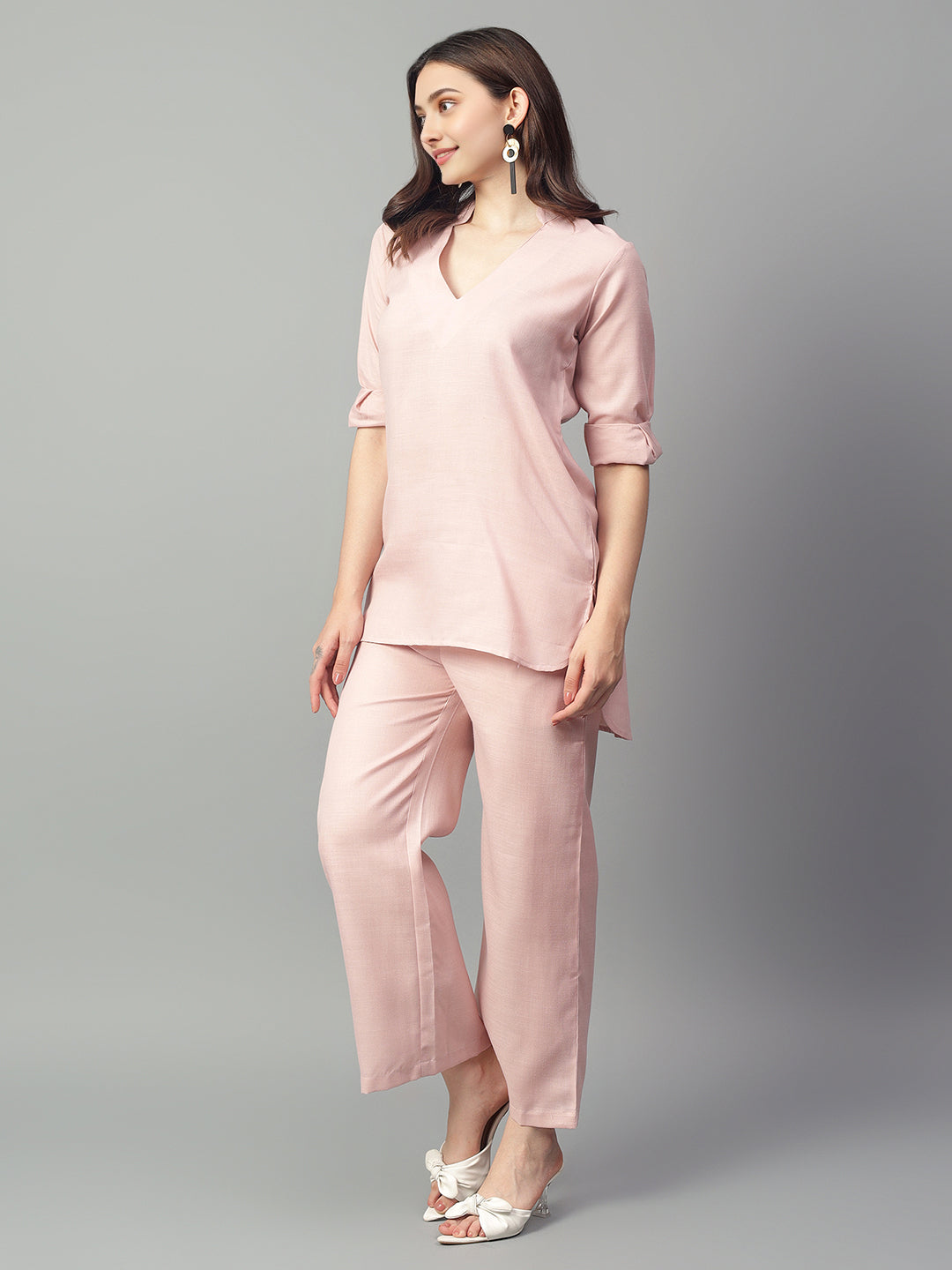 Women's Pink Linen Long Sleeve V-Neck Top With Pants Set