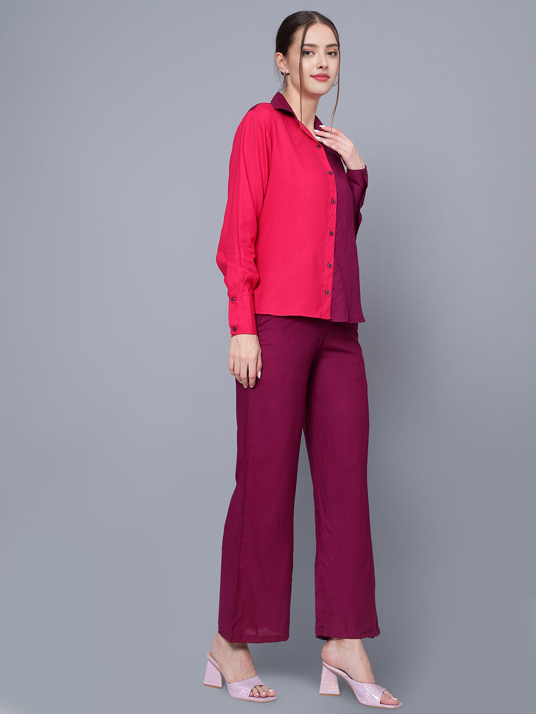 Women's Maroon Rayon Shirt With Pants Co-Ord Set