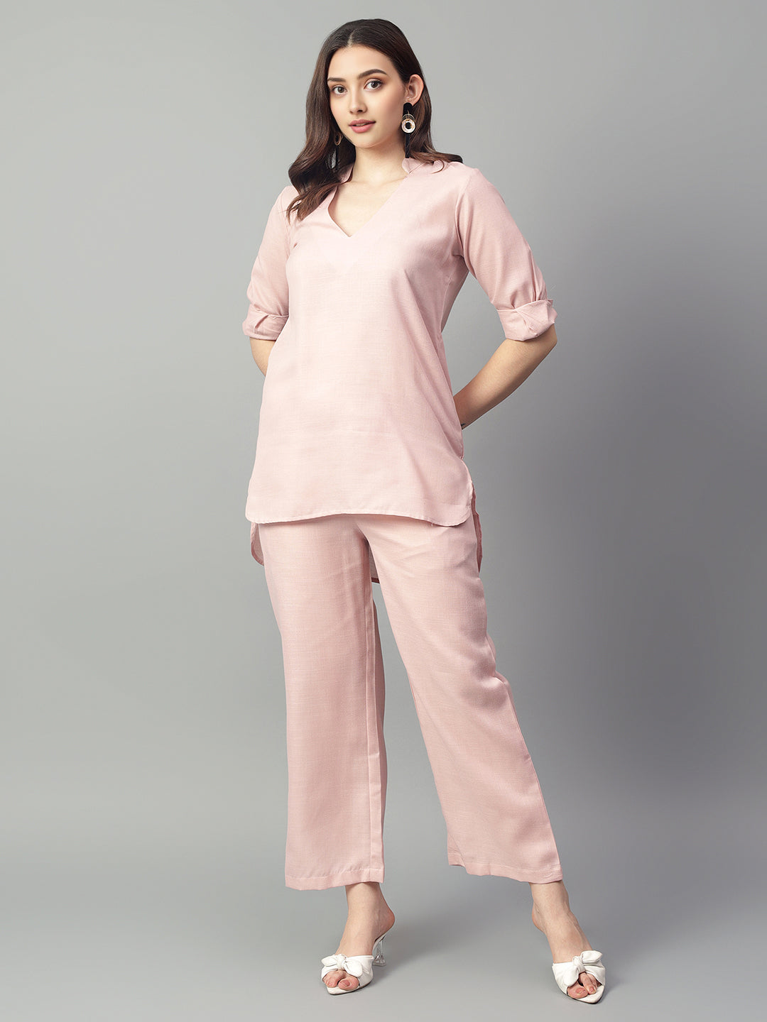 Women's Pink Linen Long Sleeve V-Neck Top With Pants Set