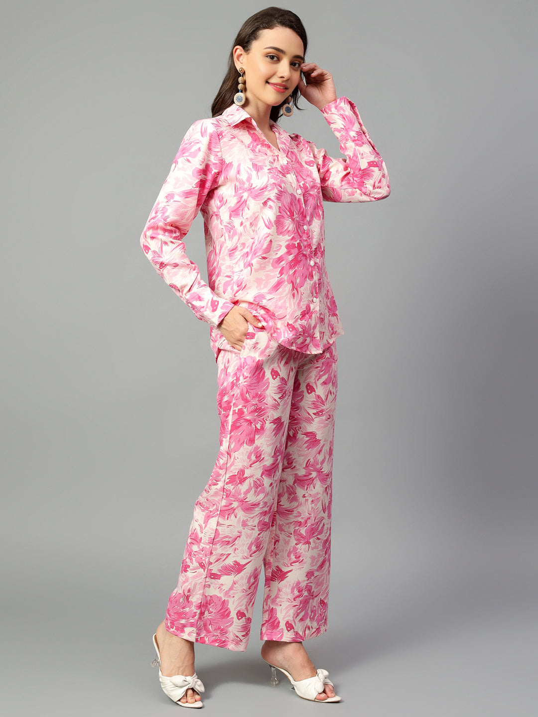Women's Pink Printed Long Sleeve Shirt With Pants Set