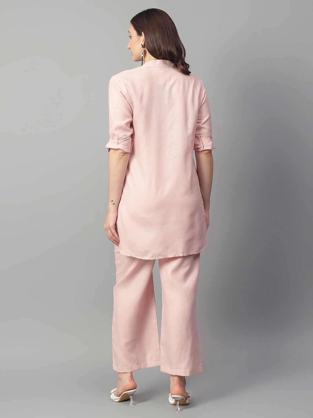 Women's Pink Linen Long Sleeve V-Neck Top With Pants Set