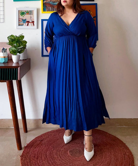Women's Royal Blue Kimono Style Self Tie Belt Midi Dress