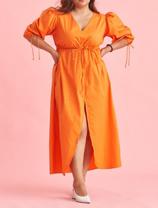 Women's Orange Drawstring Midi Dress