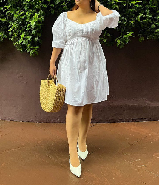 Women's White Three-Quarter-Sleeves Pintex Detail Casual Dress