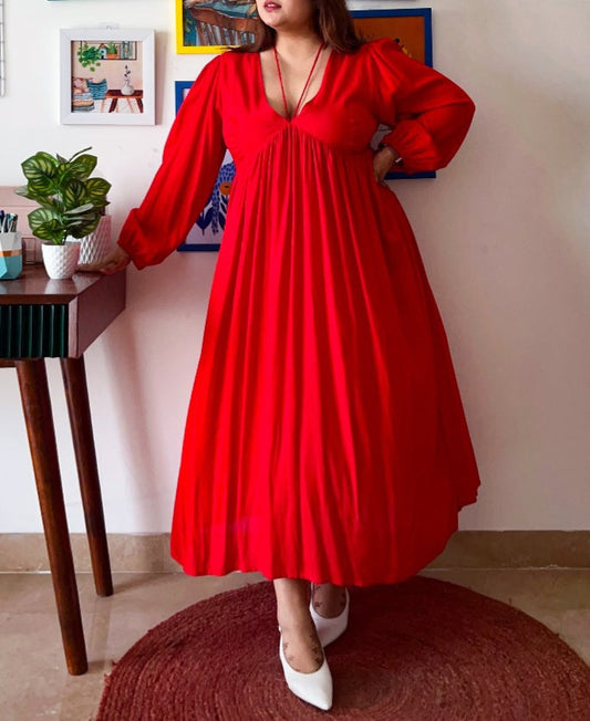 Women's V-neck Balloon Sleeves Midi Dress
