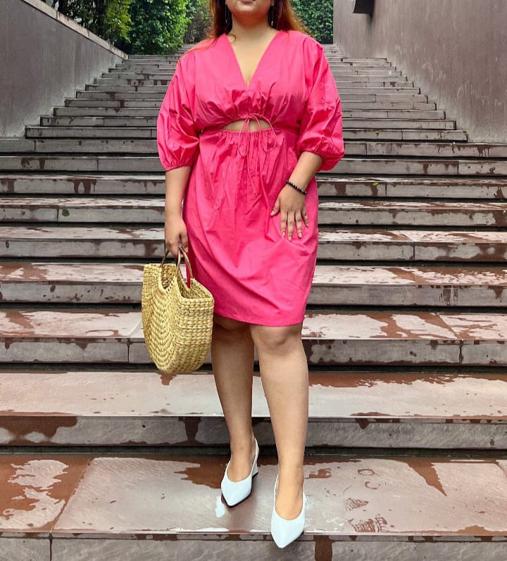 Women's Pink Front Cut Out Knee Length Casual Dress