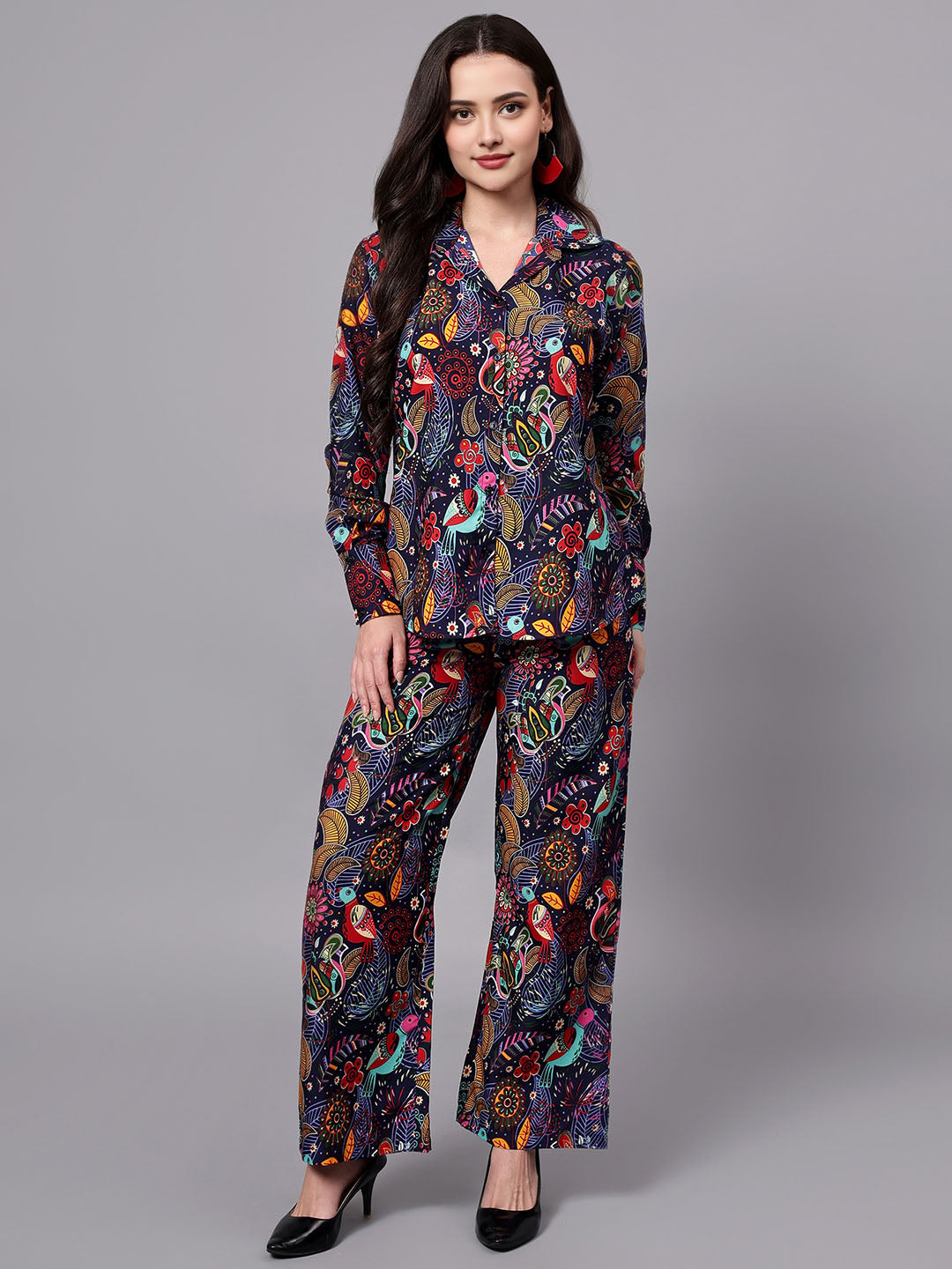 Women's Blue Paisley Print Shirt with Pants Co-Ord Set