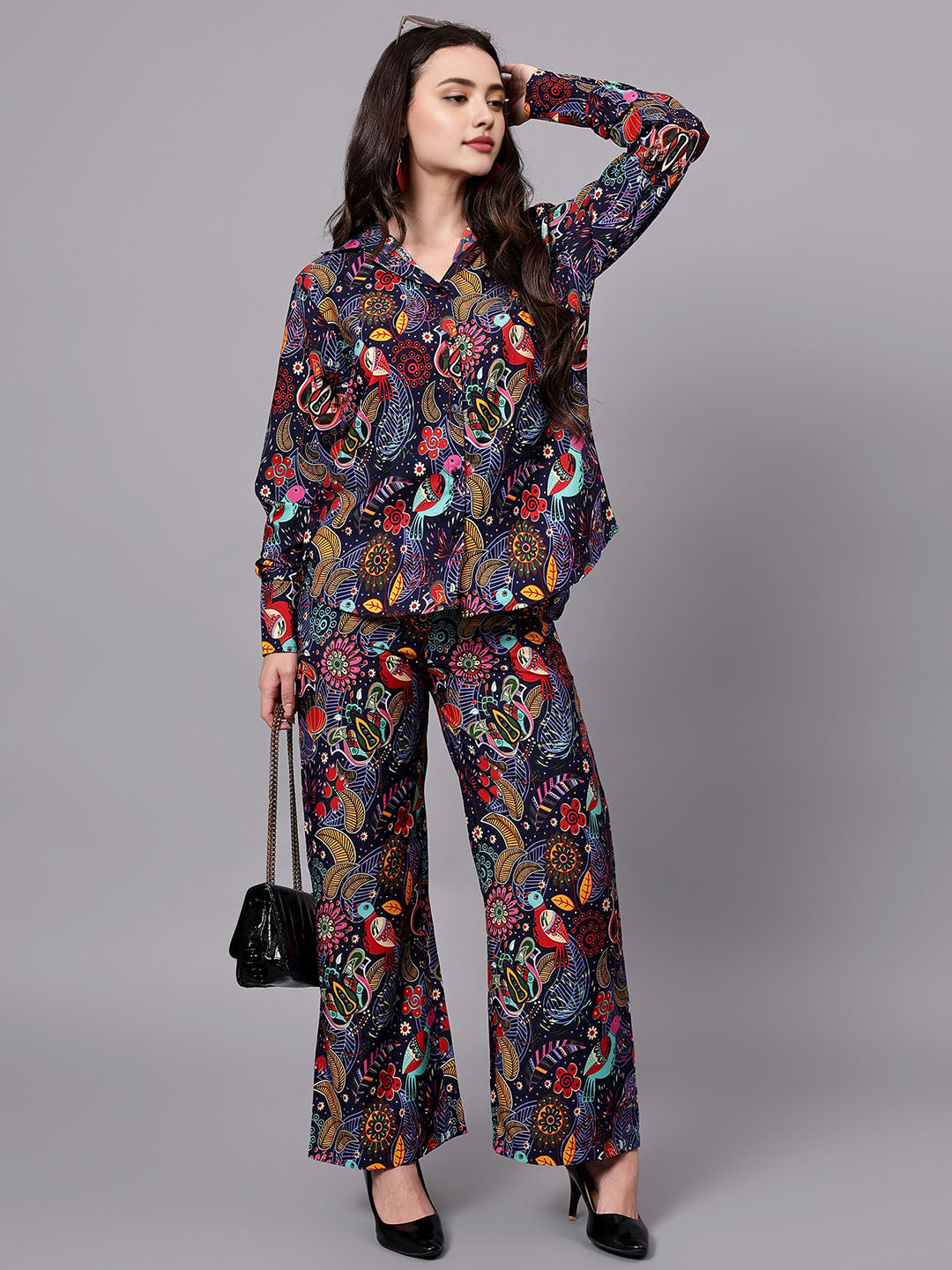 Women's Blue Paisley Print Shirt with Pants Co-Ord Set