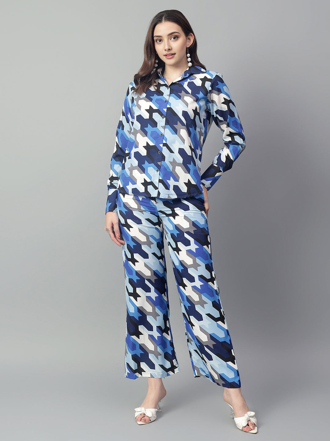 Women's Blue Abstract Print Shirt with Pants Set