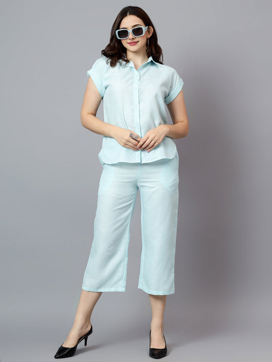 Women's Blue Short Sleeves Shirt with Pants Co-Ord Set