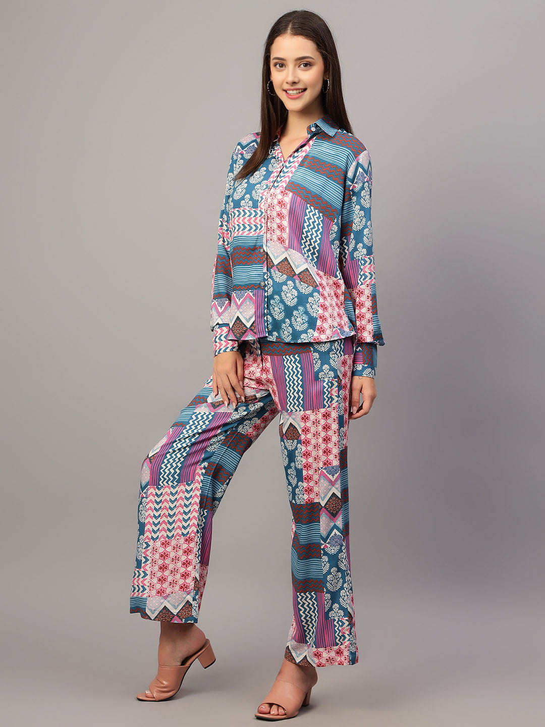 Women's Blue Printed Shirt with Pants Co-Ord Set