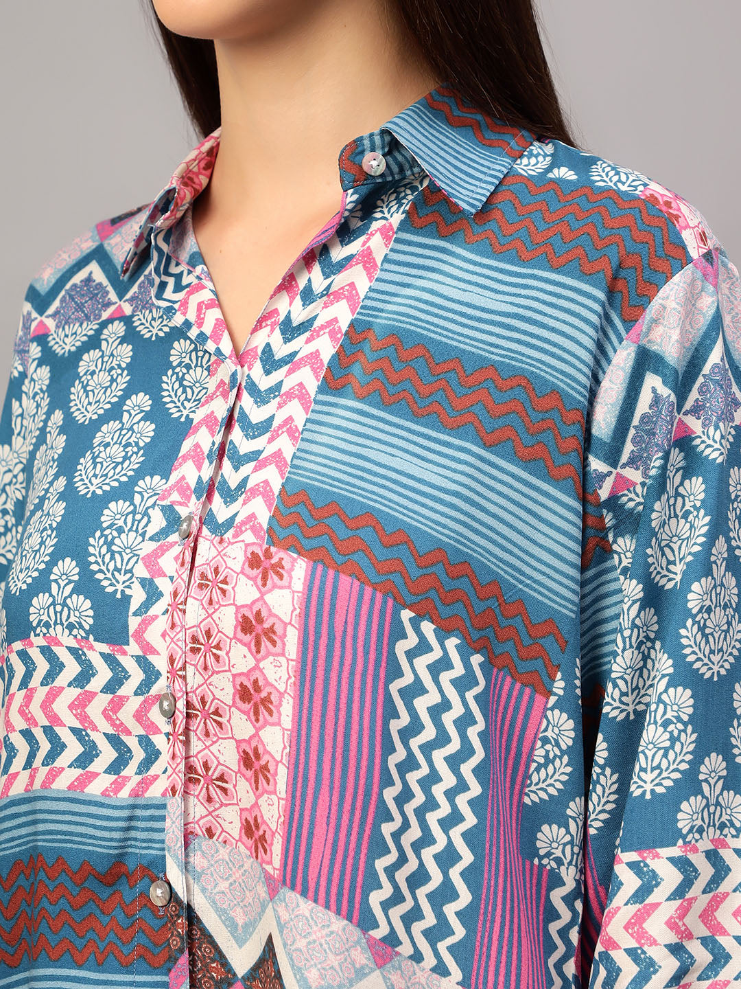 Women's Blue Printed Shirt with Pants Co-Ord Set