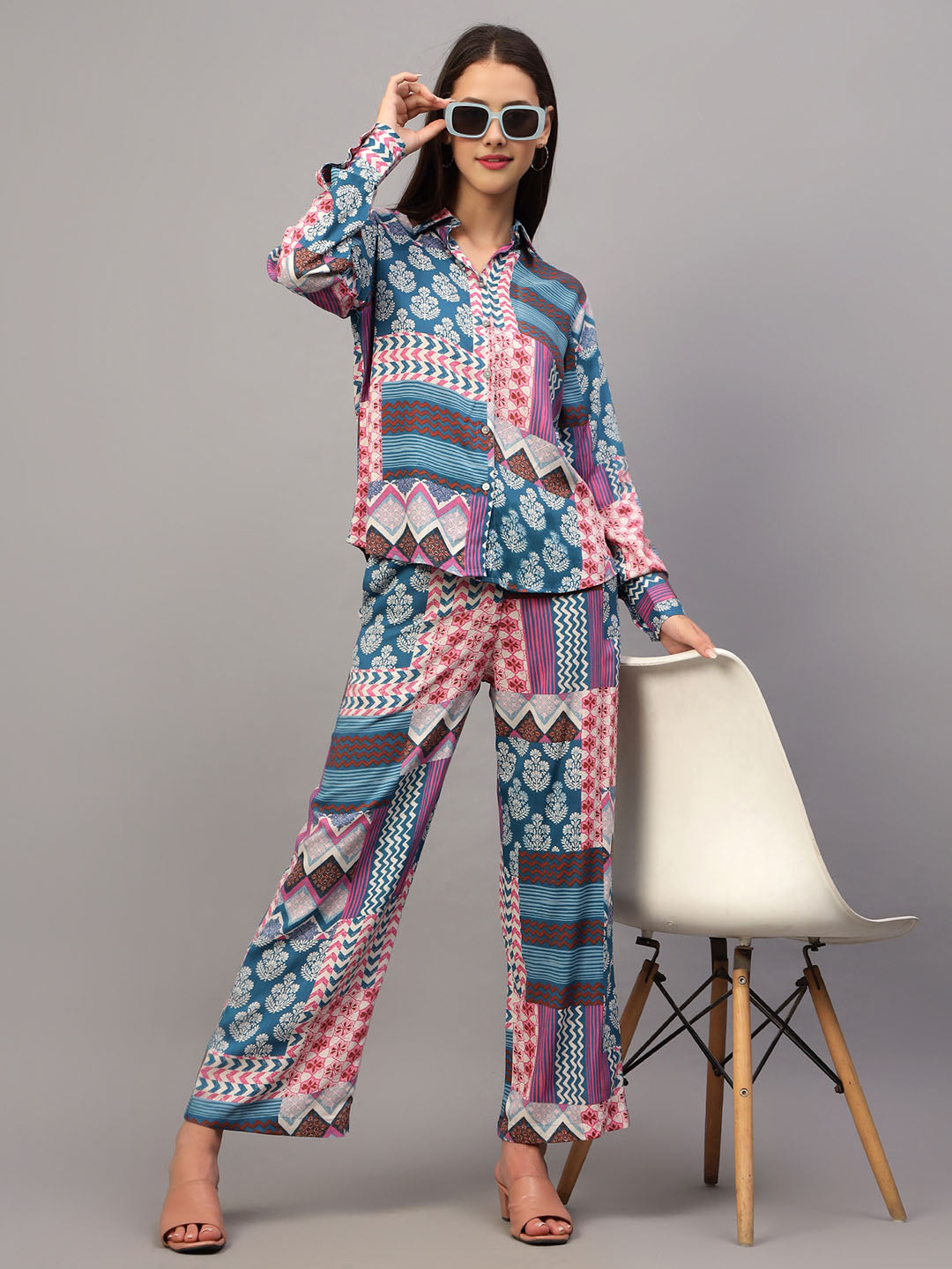 Women's Blue Printed Shirt with Pants Co-Ord Set