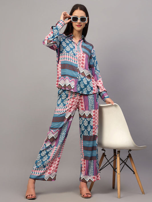Women's Blue Printed Shirt with Pants Co-Ord Set